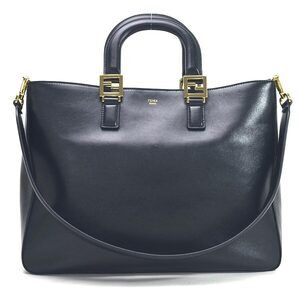 Fendi FF Tote Handbag Shoulder Bag Black Leather